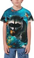 Raccoon Animal and Fish Painting T- Shirt Short Novelty for Boys and Girl