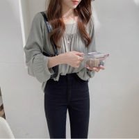 korean style women ladies loose square neck long sleeve shirt blouse baju baju wanita lengan panjang