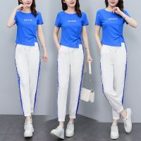 [COD] 2022 summer new womens casual solid printing belly slimming age reduction irregular trousers suit