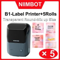 Niimbot เครื่องพิมพ์ฉลาก B1พร้อมเครื่องพิมพ์บลูทูธบาร์โค้ดขนาดเล็กแบบใสชนิดต่างๆ5สติกเกอร์ม้วน B1ม้วนสติกเกอร์