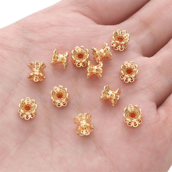 5ชิ้น14k-สีทองทองเหลืองคู่ดอกไม้หมวกหมวก-spacer-ลูกปัดคุณภาพสูงสำหรับอุปกรณ์เครื่องประดับทำสร้อยคอมือ