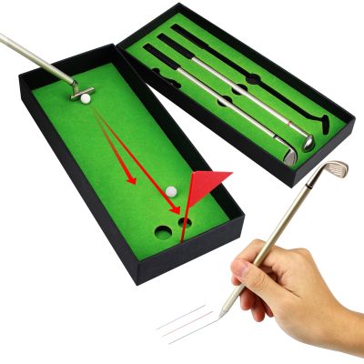 Golf Pen Set Mini Desktop Golf Ball Pen Gift Includes Putting Green 3 Clubs Pen Balls and Flag Desk Games Towels