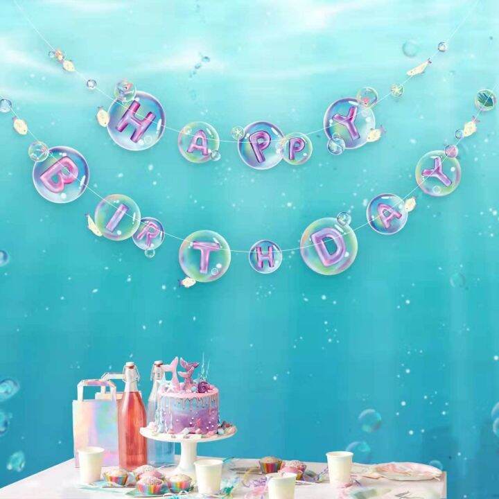 Mermaid Happy Birthday Banner – Purple Under The Sea Party Decor, Tear-Resistant Pennant Banner - View #2