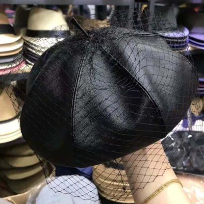 New Fascinating Black Winter Hat Chic Leather French Beret with Veil Mesh Show Fashion Double Layer Warm Women Beret Beanies Cap