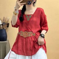 Chinese Traditional Pullover T-shirts Summer Loose Cotton Linen Embroidery Blouse Casual Oversized T Shirt Women Clothes