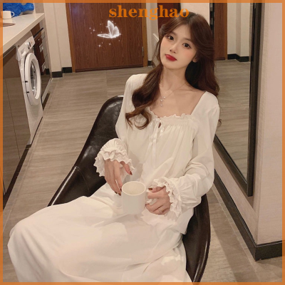 shenghao ชุดนอนแขนยาวลูกไม้สีขาวสำหรับผู้หญิงชุดนอนมีระบาย