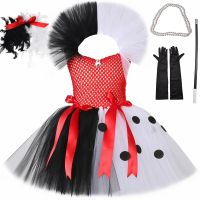 Black White Cruella Costumes for Girls Dalmatians Tutu Dress for Children Villian Cruella De Vil Halloween Outfit Kids Clothes Dresses