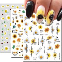 Nail Art Decals Geometric Lines White Yellow Daisy Sunflowers Letters Back Glue Nail Stickers Decoration For Nail Tips Beauty