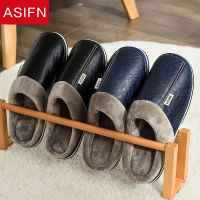 ASIFN Home PU Leather Winter Slippers for Men Indoor Waterproof Fur Cotton Male Couples Mens Big Size Slippers Flat Men Shoes