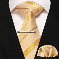 JEMYGINS New classic silk men 39;s tie 8cm gold plaid stripe Paisley business tie handkerchief Set Gift wedding party Accessories