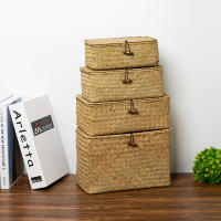 Seagrass Woven Storage Box Handmade Wicker Storage Basket with Lid Sundries Jewelry Cosmetic Container Home Desktop Organizer