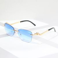 Vintage Rimless Rectangle Sunglasses Women Men Luxury Brand Designer Frameless Sunglasses Driving Metal Leopard Head Sun Glasses