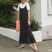 ZANZEA เกาหลีสไตล์ผู้หญิง Strappy Fishtail ยาว Maxi Sundress วินเทจลายจุดชุดเดรส