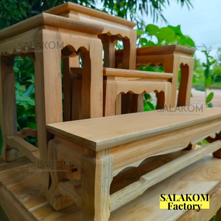 slk-โต๊ะหมู่บูชาไม้สักทั้งชุดรวมฐาน-หมู่-5-หน้า-5-60-50-70-ซม-รวมฐาน-ไม้สัก-งานยังไม่ได้ทำสี