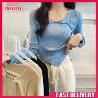 Imixcity ผู้หญิงถักเสื้อคอกลมแขนยาว Bottoming เสื้อสลิมฟิตสีทึบมิ้มผิดปกติท็อปส์