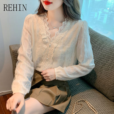 REHIN เสื้อสไตล์เกาหลีแบบใหม่คอวีของผู้หญิง,เสื้อแขนยาวผ้าชีฟองลูกไม้หรูหราดีไซน์เฉพาะฤดูใบไม้ผลิ