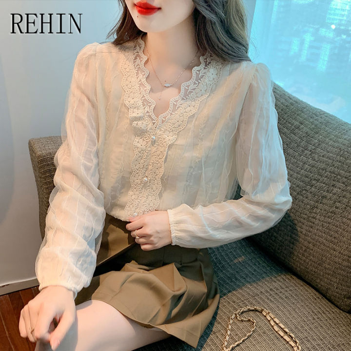 rehin-เสื้อสไตล์เกาหลีแบบใหม่คอวีของผู้หญิง-เสื้อแขนยาวผ้าชีฟองลูกไม้หรูหราดีไซน์เฉพาะฤดูใบไม้ผลิ