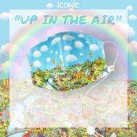 iCONiC -  UP IN THE AIR iCONiC Mask #4431 - หน้ากากผ้า หน้ากากอนามัย สีฟ้า ฟ้า ลายพิมพ์ ลูกบอลลูน ล่องลอย ท้องฟ้า ปุย เมฆ วิว เมือง อังกฤษ สไตล์ยุค70