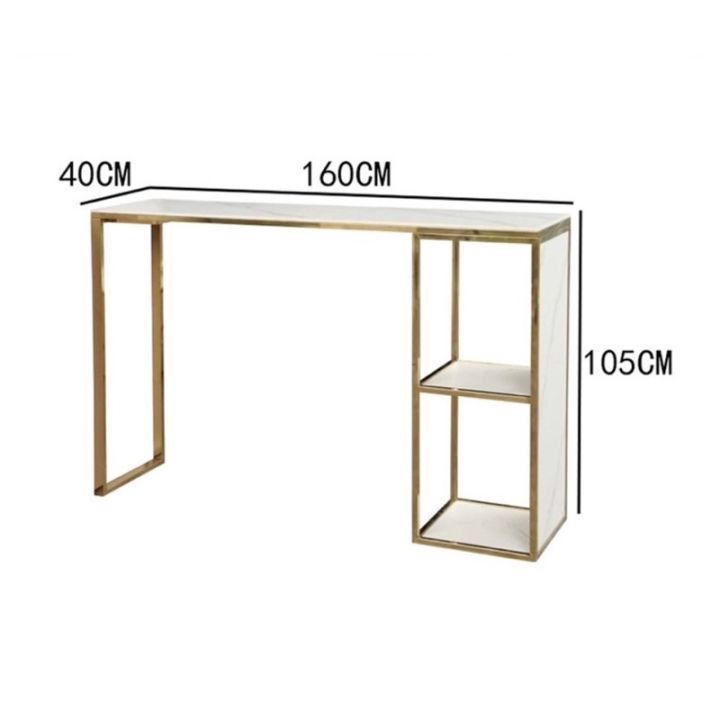 dt48-63-โต๊ะบาร์สี่เหลี่ยมหินอ่อนสีขาวพร้อมชั้นวาง2ชั้น