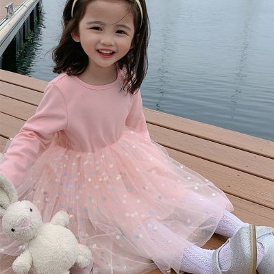 [COD] Childrens pure polka dot dress spring and autumn foreign style baby mesh new girls long-sleeved princess childrens