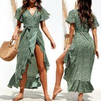 ‘；’ Women Summer Floral Print Boho Short Sleeve Wrap Long Midi Dress Party Beach Dresses Personality Fishtail Sundress