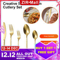 【คลังสินค้าพร้อม】Zir Mall ชุดช้อนส้อมและส้อม5ชิ้น,Court Marble Western Cutlery Kn-Ife,Fork And Spoon Gift Box