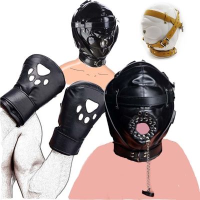 PU/Patent Leather Head Hood Padded Headgear Locking Harness Full Cover Mask Sensory Deprivation Restraint Slave Dog Paw Mittens