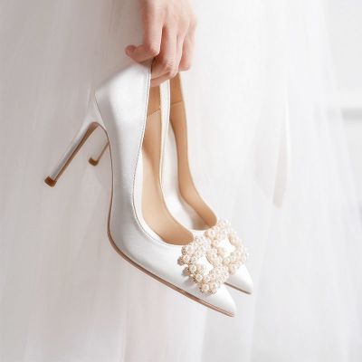 Spring and autumn new stiletto sandals square buckle pearl rhinestone wedding shoes y red high heels female 8CM heel