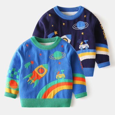 Winter Baby Boy Clothes Cartoon Knitted Sweater Space Pattern Long Sleeve O Neck Thick Blue Pullover Tops For Children 2-7Y