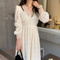 Alien Kitty Lace Crochet Stitching V-neck Long Dress Women 2022 New Spring Autumn Bottoming Dresses Elegant Party Chic Vestidos