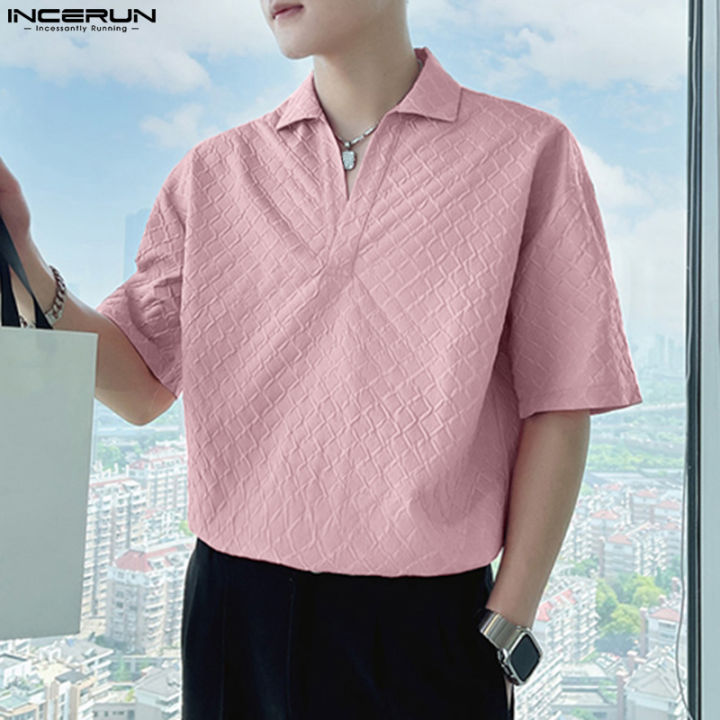 incerun-เสื้อเชิ้ตลำลองผู้ชายแขนสั้นคอลลาร์-เสื้อเชิ้ตคอวีเฮนลีย์เสื้อตัวบน-สไตล์เกาหลี