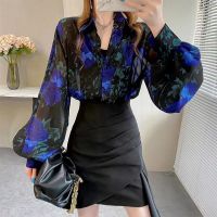 ☄◆ Temperament long sleeve chiffon shirt new fashion top lapel printing lantern sleeve loose blouse fashion ladies tops