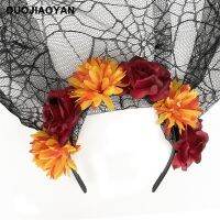 Halloween Headband With Flowers Black Skull Flower Crown Dark Black Skull Headband Halloween Hair Band Imitation Flower Hair Ornament