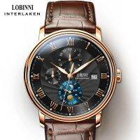 LOBINNI นาฬิกาข้อมือสำหรับผู้ชาย,นาฬิกาข้อมือแบรนด์แฟชั่น699 L1023B-2แซฟไฟร์นาฬิกาไขลานอัตโนมัติรูปพระจันทร์