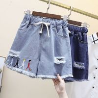 COD jfdss Large denim shorts womens fat mm high waist loose hole embroidered rough w大码牛仔短裤女 胖mm高腰宽松破洞刺绣毛边阔腿热裤子200斤110610