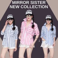 ?ป้าย Mirrorsister เสื้อเชิ้ตลายริ้วทางลงผ้าทอทรงโคร่งๆ สวยเก๋ มีกระเป๋าหน้าคู่สองข้างลายขวาง