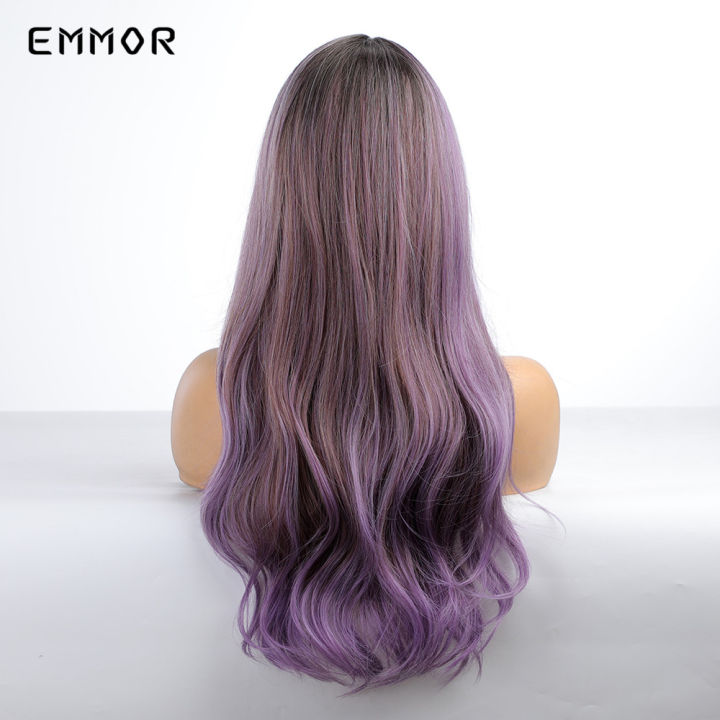 emmor-สังเคราะห์ยาวคลื่นวิกผมสีม่วงอ่อนวิกผมสำหรับผู้หญิงสีขาวทองคำขาวปลอมผมสำหรับพรรคทุกวันทนความร้อนไฟเบอร์วิกผม