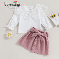 Kisseangel ชุด2ชิ้น Balita Perempuan เสื้อแขนยาวสีทึบและกระดุมกระโปรงพร้อมเข็มขัดสำหรับเสื้อผ้าฤดูใบไม้ร่วงเด็กวัยหัดเดิน