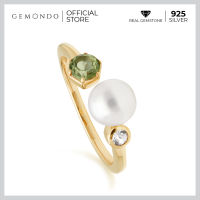 Gemondo แหวนมุก เงินแท้ 925 ชุบทองสี 22K ประดับเพอริดอท (Peridot) และโทแพซ (Colorless Topaz) ดีไซน์โมเดิร์น