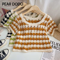 PEAR DODO เสื้อถักลายทางแขนแขนสั้นคอกลมสำหรับผู้หญิงฉบับภาษาเกาหลี