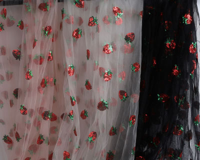 Lovely Strawberry Net Fabric Sequins Embroidery Lace Tulle For Dress Making ขายโดย The Yard (91Cm)