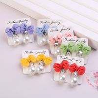 New Girls Macaron Color Ear Clip For Kids Earhole Free Cartoon Korean Bowknot Style Pearl Earrings Children Jewelry