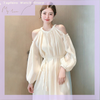 [แผนการ]?[ขายดี]??แขนยาวเดรสยาวเปิดไหล่ทรงเอไลน์สีพื้นสำหรับผู้หญิงสง่างามแบบลำลอง