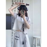 สไตล์วินเทจของผู้หญิง New Chinese-style ink printing national style suit for women with summer temperament small improved cheongsam top skirt two-piece set