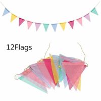 12 Flags สีสันผ้าลินินปอกระเจาธงธงวันเกิด Bunting แบนเนอร์แขวนผนังแบนเนอร์งานแต่งงาน Party Garland สำหรับตกแต่งบ้าน -Giers