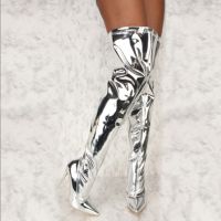 ┅ Women Sexy Silver Mirror Thigh High Boots T Show Pointy Toe Club Party Shoes Thin High Heels Over The Knee Long Boots For Women
