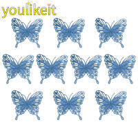 Yulikeit เครื่องประดับคริสต์มาสสีทอง10ชิ้นศิลปะติดผนังรูปผีเสื้อดอกไม้ผ้าไหมเทียม DIY อุปกรณ์เสริมงานฝีมือผงแวววาวใหม่สำหรับของขวัญต้นคริสต์มาสพลาสติก