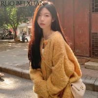 Ruo Bei Xuan เสื้อโค้ทสเวตเตอร์แขนยาวสีทึบวินเทจของผู้หญิงเสื้อคาร์ดิแกนแบบถักคอกลมสีส้ม