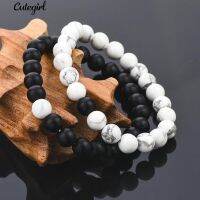 COD SDGREYRTYT COD!!✨2Pcs Unisex Distance Bracelet Couple Black Matte Beads White Howlite