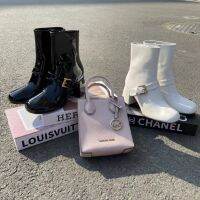 miumiuˉNew Style Belt Buckle Short Boots Thick Heel High Plain Color Round Toe Bright Leather Limited Boot